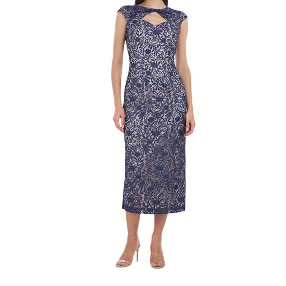 JS Collections dress Daniela Bow Tea length blue size 14 - Picture 1 of 5